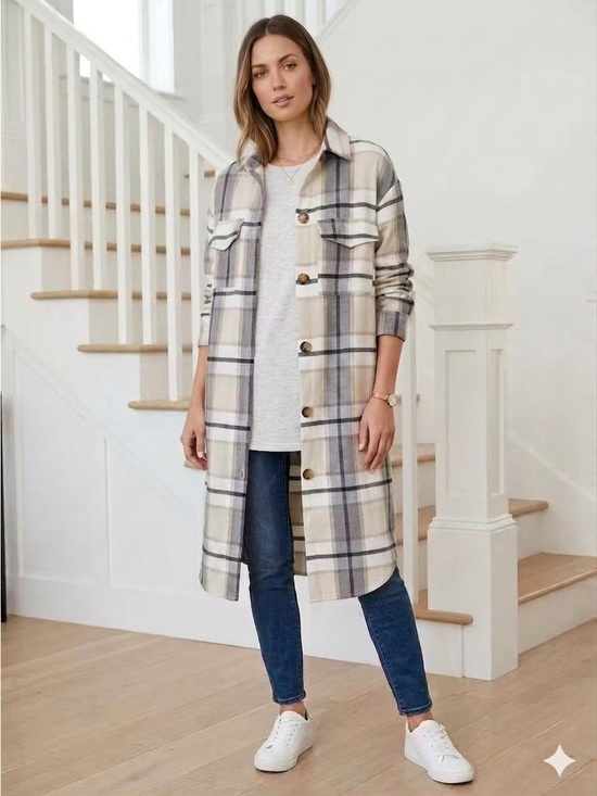 None Jackets & Blazers - Long Plaid Shacket Coat in Cream & Gray